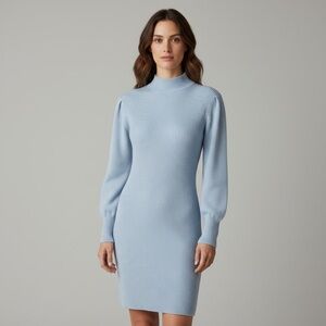 Boutique Women’s Blue Ribbed Mock Neck Long Sleeve Sweater dress L fits M best